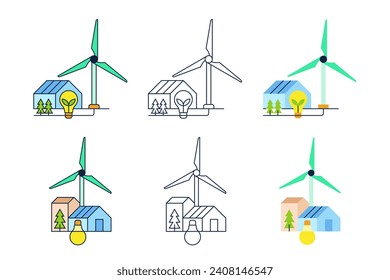 Creative Eco Green Energy Light Bulb, Tree, House and Windmill Turbine  Illustration Icon Set