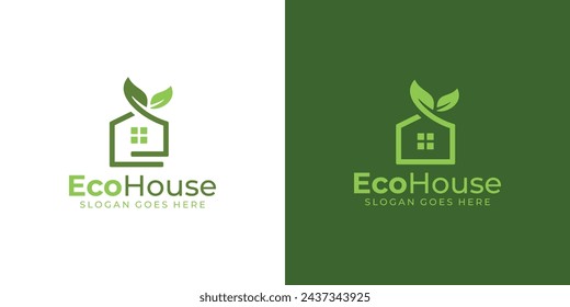 Creative Eco House Logo. Nature Green House, Leaf Home with Linear Outline Style. Eco Home Logo Icon Symbol Vector Design Template.