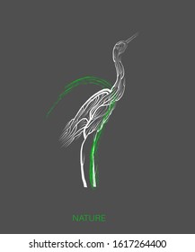 creative eco logo, save the animal idea, heron looks like tree on grey background, green product, eco production, vector