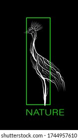 creative eco logo, save the animal idea, crane looks like tree on black background with green vivid green rectangle, eco production, vector