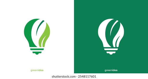 Creative Eco Solution Logo with Leaf as Lightbulb. Green Energy, Idea, Innovation, Smart, Lightbulb and Leaf with Linear Outline Style. Ecological Logo Icon Symbol Vector Design Template.