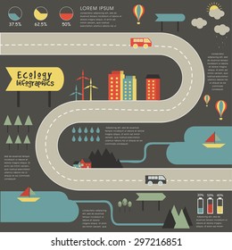 Creative ecological infographic elements with illustration of urban city buildings, roads and vehicles, and wind mill on grey background.