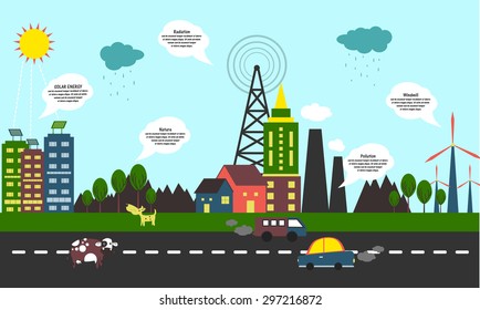 Creative ecological infographic elements with illustration of a industrial urban city, showing causes of pollution.