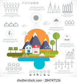 Creative ecology infographic elements with city view and various statistical graphs and charts.