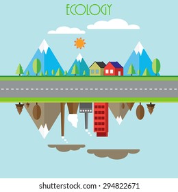 Creative ecology infographic template layout with illustration of a industrial city on sky blue background.
