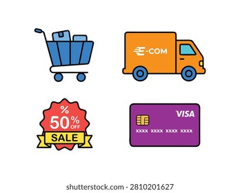 Creative E-commerce Shopping Icons and Delivery Van vector Set