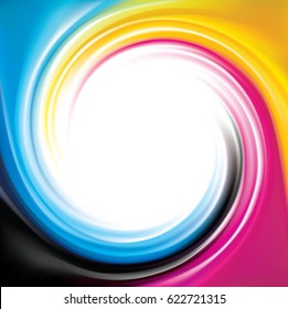 Creative eddy aqua backdrop pattern of vivid primary dye gamma full-colour printout technology process glossy curvy spraying ripple disk. Closeup view with space for text in glowing white center