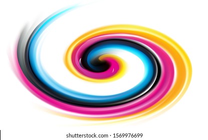 Creative eddy aqua pattern of vivid primary dye gamma full palette pigment symbol frame banner. Printout technology process glossy curvy spraying ripple disk icon sign logo. Closeup view text space