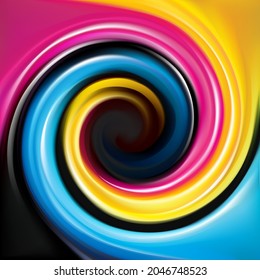 Creative eddy aqua pattern of vivid primary dye gamma full palette pigment symbol frame banner. Printout technology process glossy curvy spraying ripple disk icon sign logo. Closeup view text space