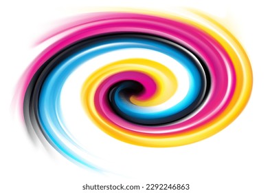 Creative eddy aqua pattern of vivid primary dye gamma full palette pigment symbol frame banner. Printout technology process glossy curvy spraying ripple disk icon sign logo. Closeup view text space