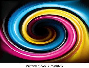 Creative eddy aqua pattern of vivid primary dye gamma full palette pigment symbol frame banner. Printout technology process glossy curvy spraying ripple disk icon sign logo. Closeup view text space