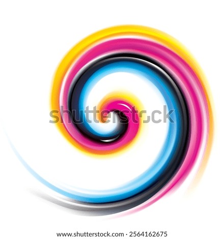 Creative eddy aqua pattern of vivid primary dye gamma full palette pigment symbol frame banner. Printout technology process glossy curvy spraying ripple disk icon sign logo. Closeup view text space