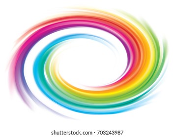 Creative eddy festival happy surface of vivid multi colored glossy curled spraying rippled ring. Closeup view with space for text in glowing white center
