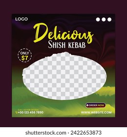 Creative editable fresh lunch shish kebab social media post design or Promotional restaurant luxurious food menu. delicious shish kebab social online web banner design template