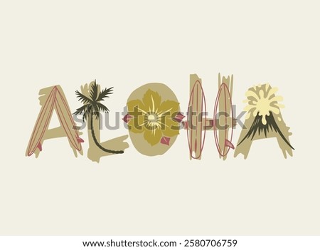 Creative and editable lettering illustration with the word Aloha and graphic elements related to Hawaii and local culture.	