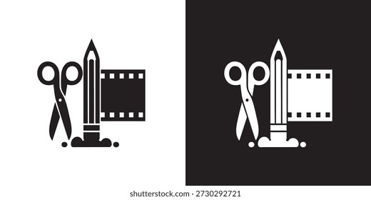 Silueta de edición creativa: tijeras, lápiz e icono de tira de película en blanco y negro