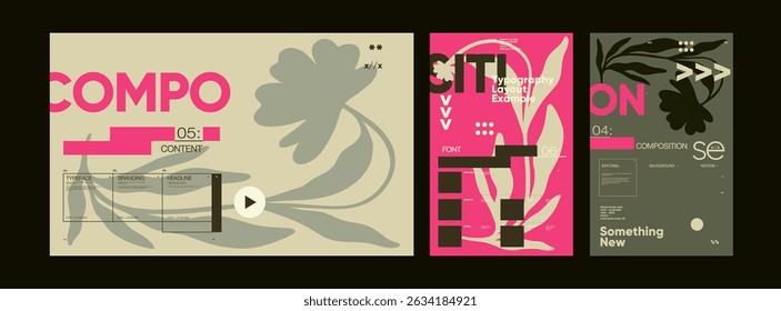 Creative editorial grid posters with bold botanical graphics, playful pink contrast, and modern layout structures for typographic design.
