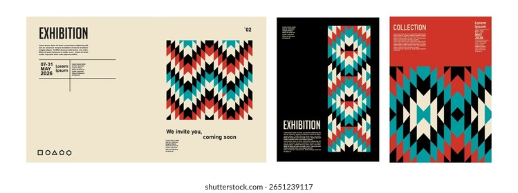 Creative editorial layouts with abstract ethnic motifs and exhibition titles, with a clean minimalist structural design
