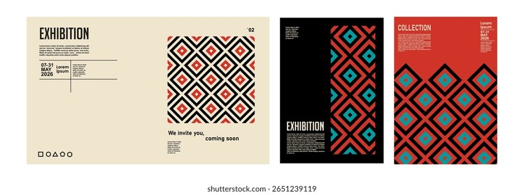 Creative editorial layouts with abstract ethnic motifs and exhibition titles, with a clean minimalist structural design