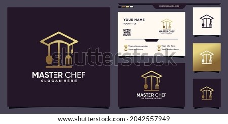 Creative education chef logo inspiration with line art style and business card design Premium Vector