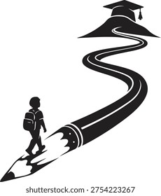 Creative education concept vector silhouette showing a student walking along a winding pencil path leading toward a graduation cap. Symbolic illustration representing learning journey, academic goals, knowledge, success and future achievement. Minimalist black icon design ideal for back to school themes, education posters, classroom materials, teacher resources and student motivation graphics. Isolated on white background.