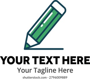 Creative education and content writing pencil logo design template featuring green pencil icon writing a line on white background