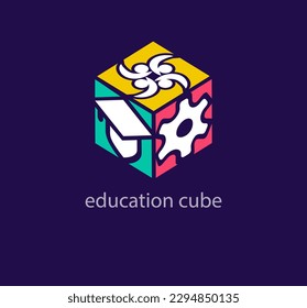 Creative Education Würfel Logo. Einzigartige Farbübergänge im Design. Privatschule, Graduiertenkappe und Vorlage für menschliches Logo. Vektor.