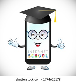 Creative education icon. Animated gadget with academic cap. Isolated abstract graphic design template. Back to School, Class Off congratulating sign with glasses. Cute 3D symbol. Distant teacher app.
