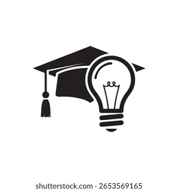 Ícone de educação criativa combinando um teto de graduação e uma lâmpada, simbolizando conhecimento, aprendizagem, inovação e ideias brilhantes no crescimento acadêmico e intelectual.