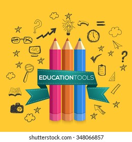 Elementos infográficos de educación creativa con lápices de colores sobre fondo amarillo.