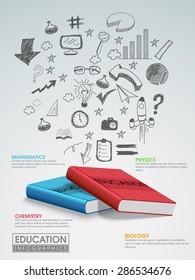 Kreatives Bildungs-Infografik-Template-Layout mit verschiedenen handgezeichneten Elementen und glänzenden Büchern.