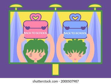 Creative education poster, banner. Back to school text. Girl and boy lift cute school bag above head, showing on billboard. Learning is fun, bright, free, unlimited concept. Vector illustration design