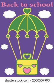 Creative Education Poster, Banner. Back To School Text, Parachute With Cute School Bag Floating In The Air On Purple Sky Background With White Cloud. Learning Is Fun, Bright, Free, Unlimited Concept.