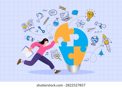 Creative education solution and knowledge discovery concept for online learning. Woman running with open book while fitting puzzle piece into light bulb surrounded by school doodle icons on grid paper background.