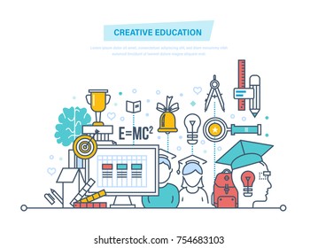 Creative education. Training, creativity distance learning, technology, knowledge, teaching, skills. Creativity, creative thinking, smart education. Illustration thin line design of vector doodles.