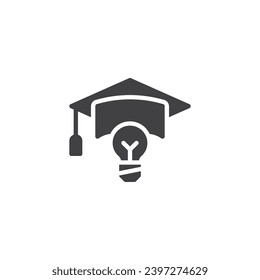 Kreative Bildung, Vektorsymbol. volles Flachzeichen für mobiles Konzept und Webdesign. Light Bulb mit Graduation Hat Glyph Symbol. Geniales Ideensymbol, Logo-Illustration. Vektorgrafik