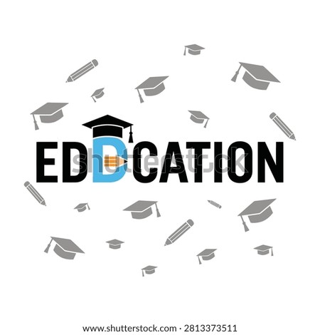Creative education word logo design featuring a graduation cap on the letter E and a pencil icon inside the letter D surrounded by academic symbols on white background.