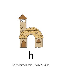 Uma ilustração educativa criativa da letra 'H' projetada como uma casa de pedra acolhedora com um telhado marrom, uma porta de madeira e uma chaminé alta. Esta personificação do personagem brincalhão ajuda as crianças a associar a letra H com 'House'. Perfeito para flashcards alfabéticos, materiais de aprendizagem pré-escolar, livros infantis e decoração de parede do berçário