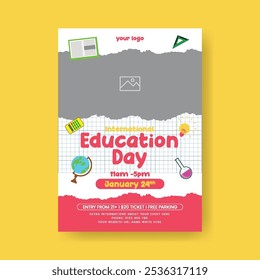 Creative educational print flyer or poster template for  International Day of Education concept, school admission poster, online learning flyer, poster, back to school flyer with torn paper, notepad