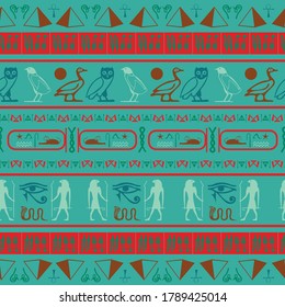 Creative egypt writing seamless background. Hieroglyphic egyptian language symbols template. Repeating ethnical fashion backdrop for brochure or booklet.