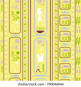 Creative egypt writing seamless background. Hieroglyphic egyptian language symbols template. Repeating ethnical fashion graphic design for wrapping paper.