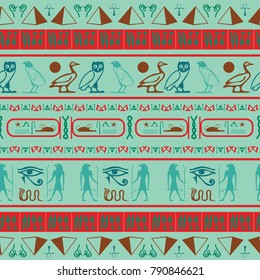 Creative egypt writing seamless background. Hieroglyphic egyptian language symbols tile. Repeating ethnical fashion background for book or comics illustration.