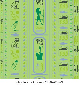 Creative egypt writing seamless pattern. Hieroglyphic egyptian language symbols template. Repeating ethnical fashion design for book or comics illustration.