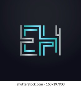 Creative EH letter with maze linear style. Modern logo symbol for business corporate. Blue and white logo on blue dark background. Square shape, colorful, linked and technology. Unusual design vector.