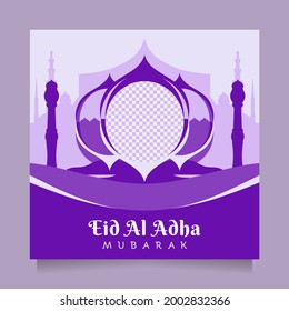 Creative Eid al adha social media post and banner greeting with modern clean blue color. Vector illustration islamic background with beautiful mosque design. Editable square template