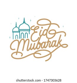kreative eid mubarak kalligraphische Schrift mit Moschee und Sternen.