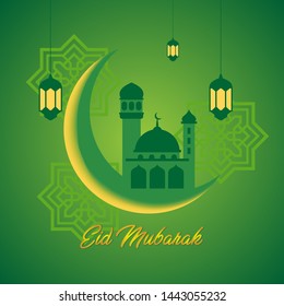 Creative Eid Mubarak poster or banner design with Mosque, moon and lantern decoration