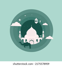 Creative Eid Mubarak Scene with mosque, mosjid, star, cloud, camel