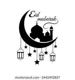 Creative Eid Mubarak Template.Mosque  icon silhouette logo with crescent moon and lanter