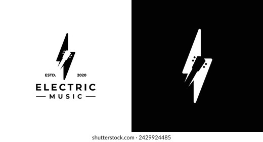 Creative Electric Music Logo. Lightning and Guitar Head with Minimalist Style. Musical Logo Icon Symbol Vector Design Template.